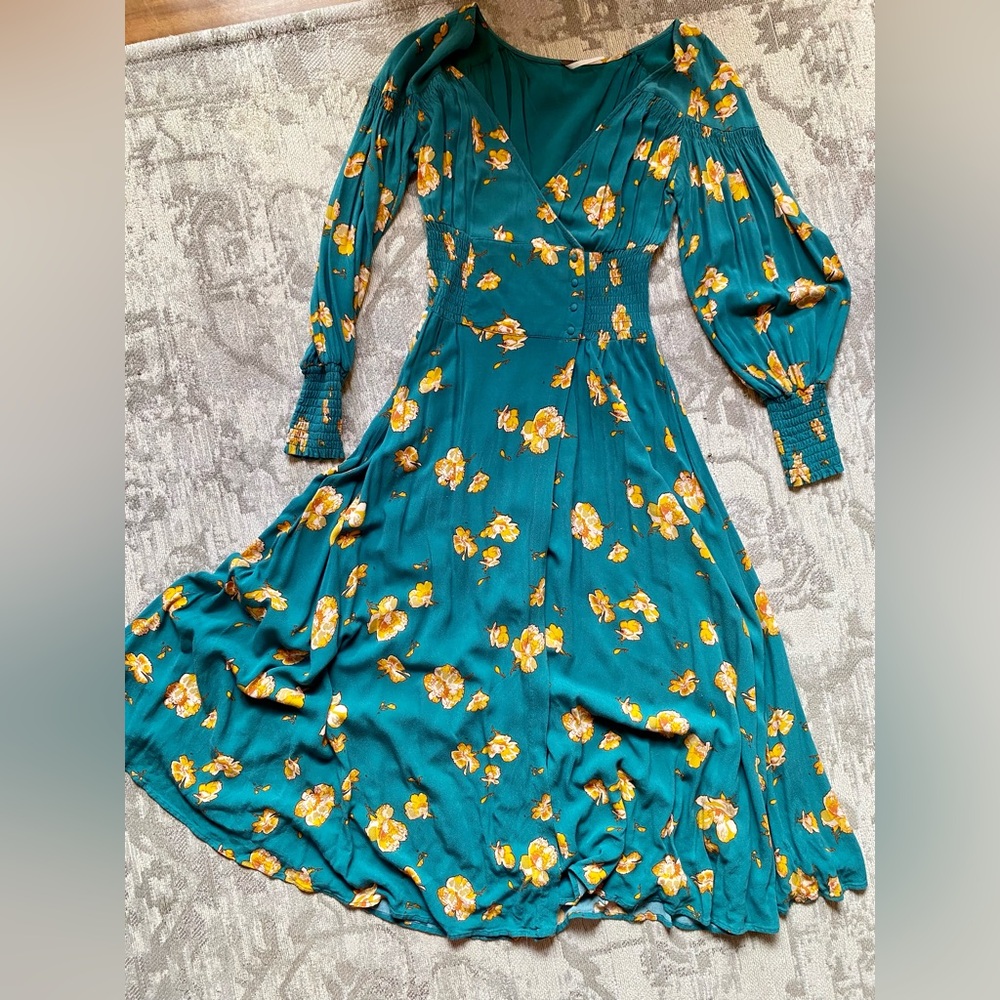 Free People Floral Long Sleeve Flowy Dress with elastic waist and button detail